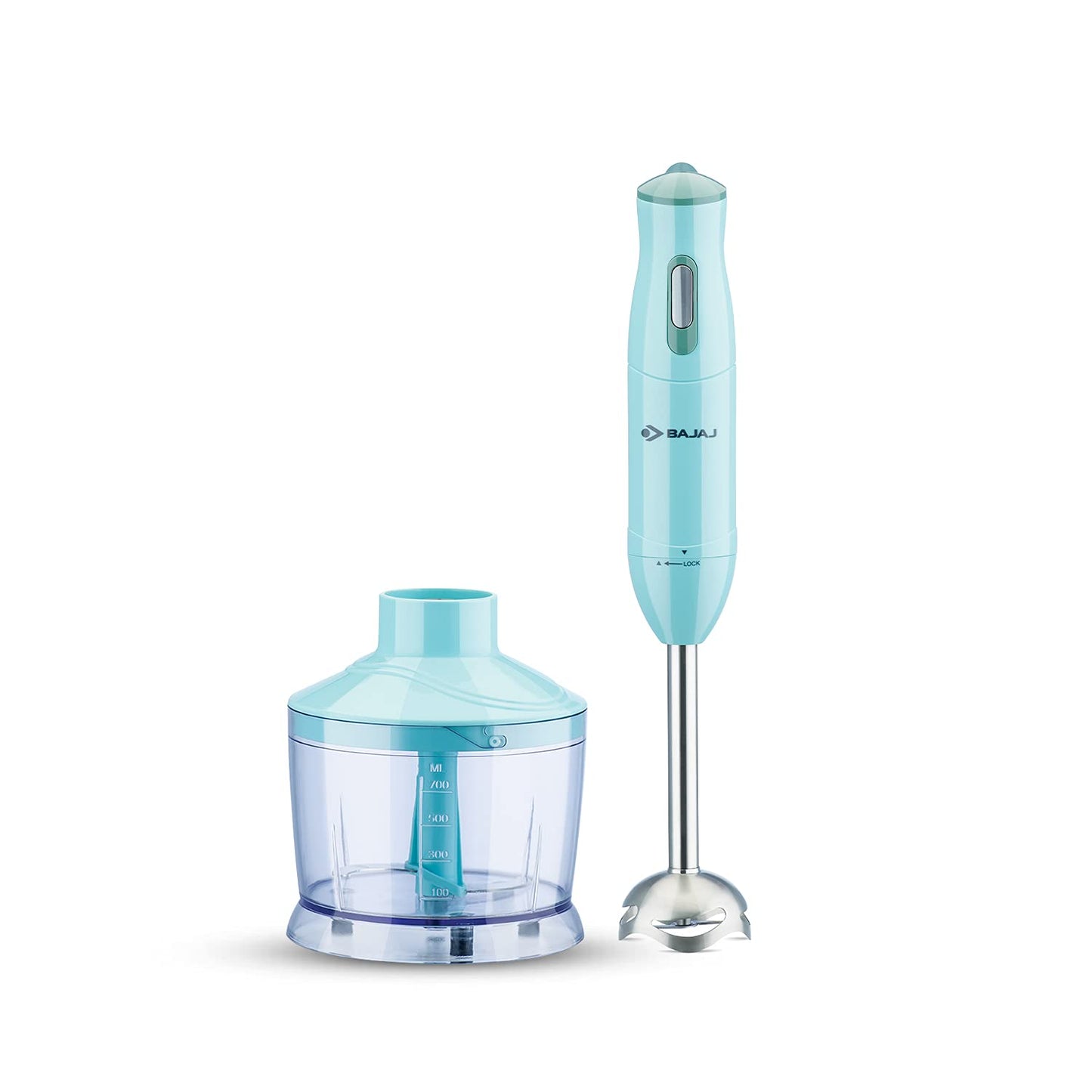 Seasons Bajaj 300W hand blender with bowl in pale green, featuring a sleek design and ergonomic handle for easy blending.