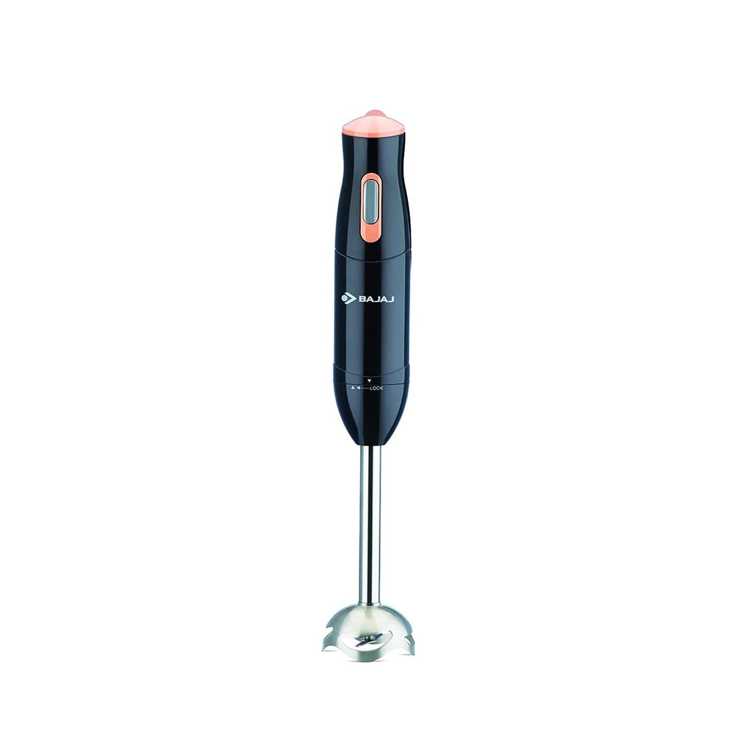 Seasons Bajaj HB 21 300W hand blender in peach and black with blending shaft and control buttons visible.