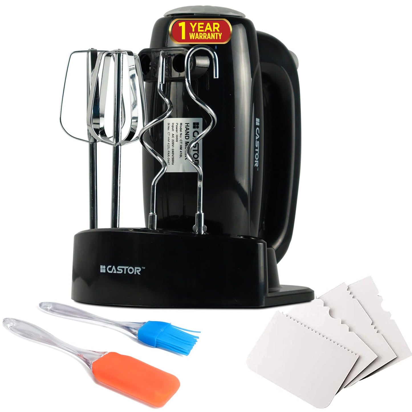 Seasons ibell Castor CT410HM black hand mixer with 5 speeds, egg beater, cake cream maker, and dough hook in a compact design.