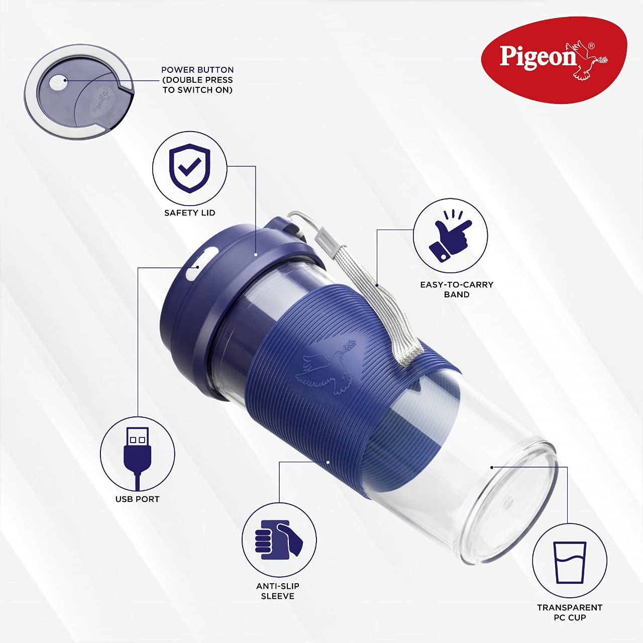 Seasons Pigeon Blendo-Personal Hand Blender with 330ml juicer cup jar, blue, USB rechargeable, 528W for smoothies and blending.