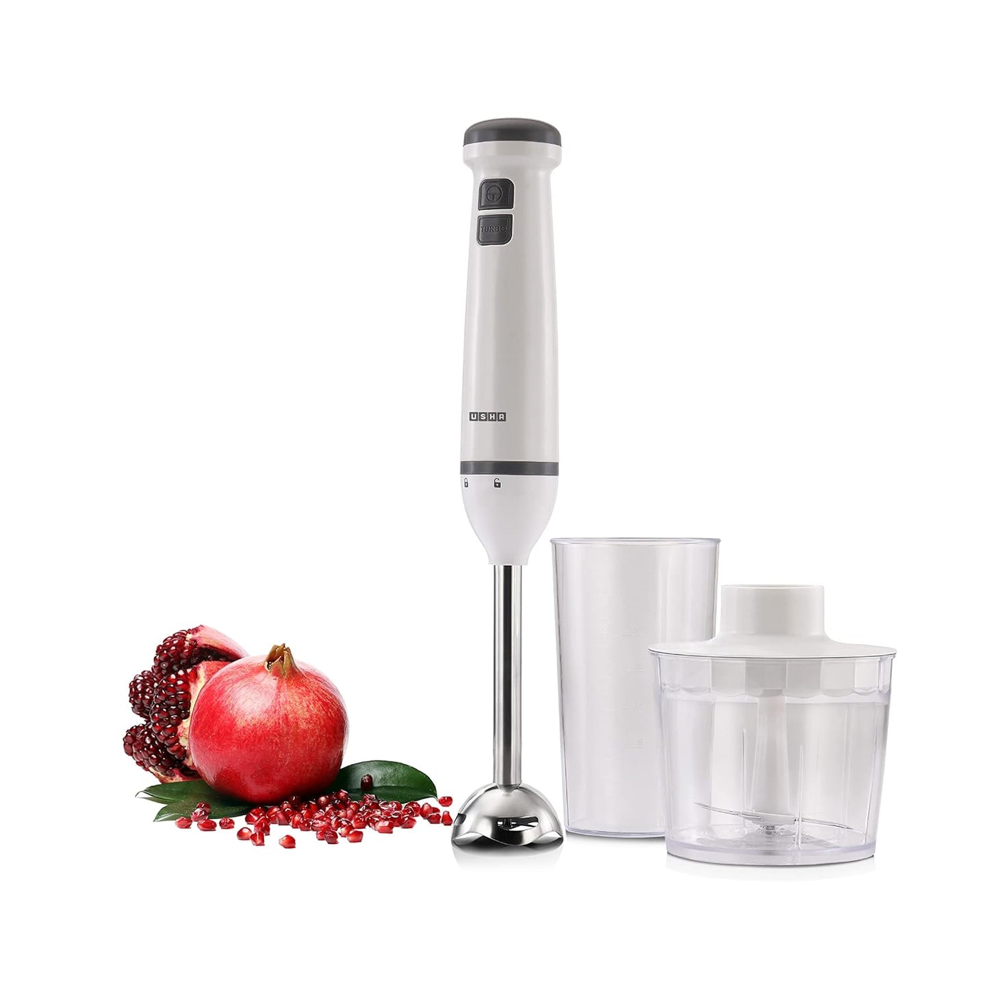 Seasons Usha SB400CSS 400W hand blender in grey and silver with blending attachments on a kitchen countertop.
