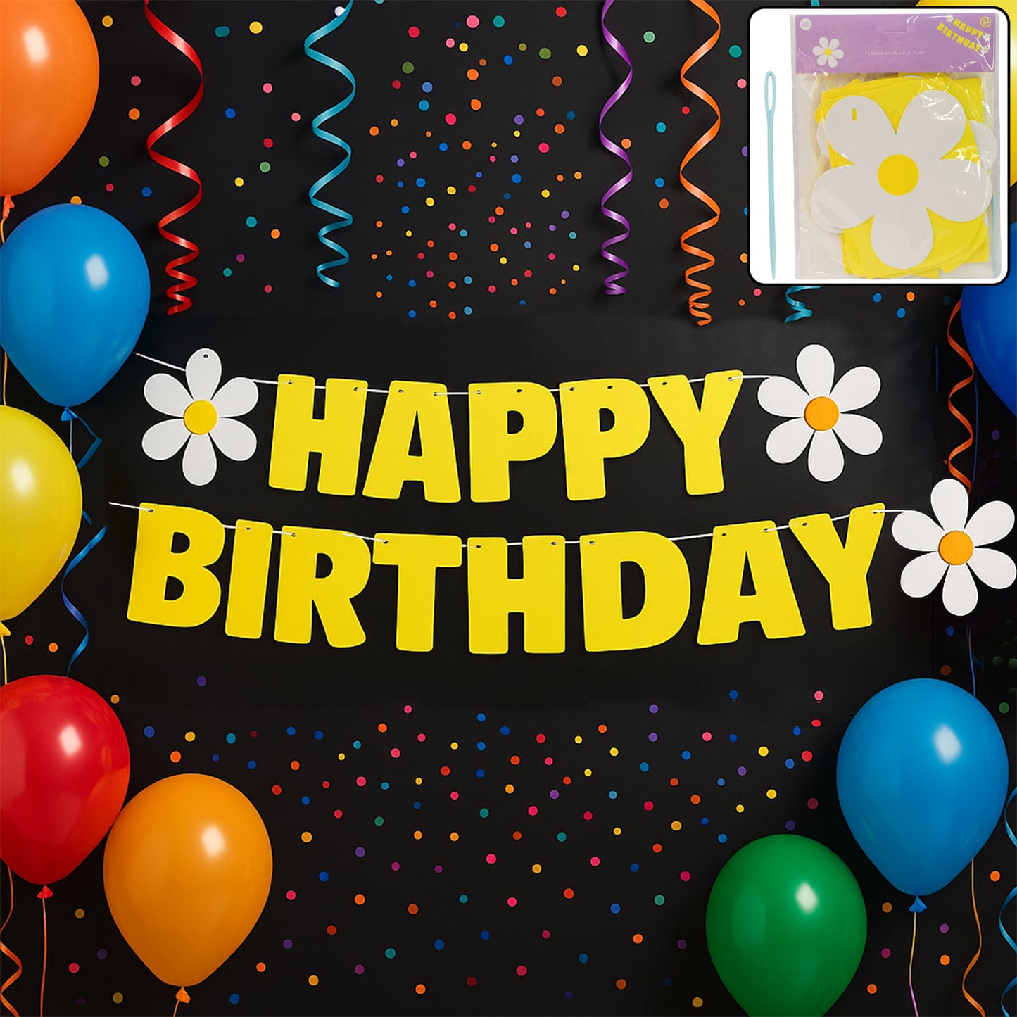 Wukusy Happy Birthday party banner set with colorful letters and decorations for home birthday celebrations.