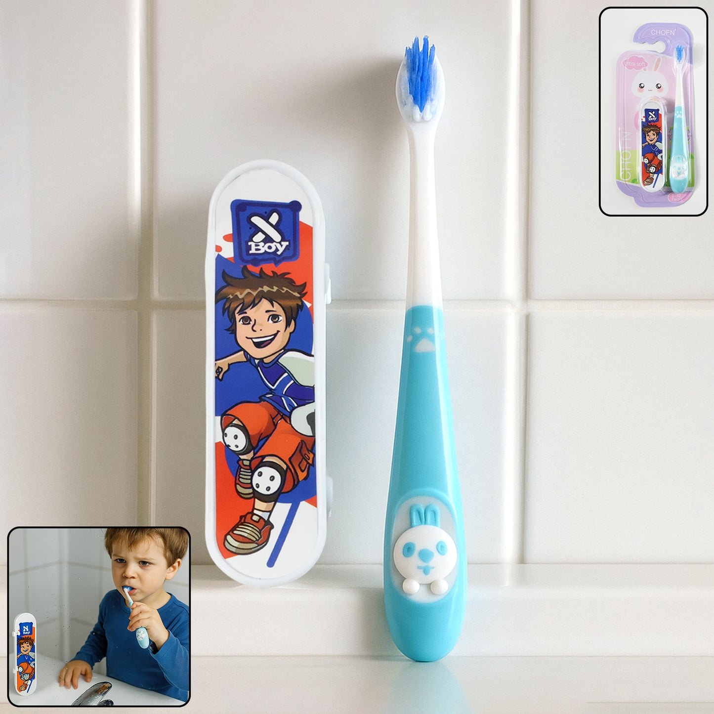 Wukusy kids toothbrush with cartoon sketchboard toy showing colorful toothbrush and playful cartoon character design