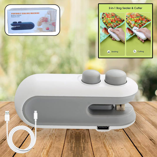 Wukusy Mini Bag Sealer 2-in-1 heat sealer with handle, USB charging, compact design, sealing plastic bags for food storage and freshness.