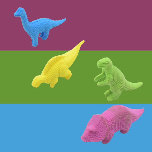 Set of four Wukusy small dinosaur-shaped erasers featuring colorful 3D dinosaur designs for kids and students.
