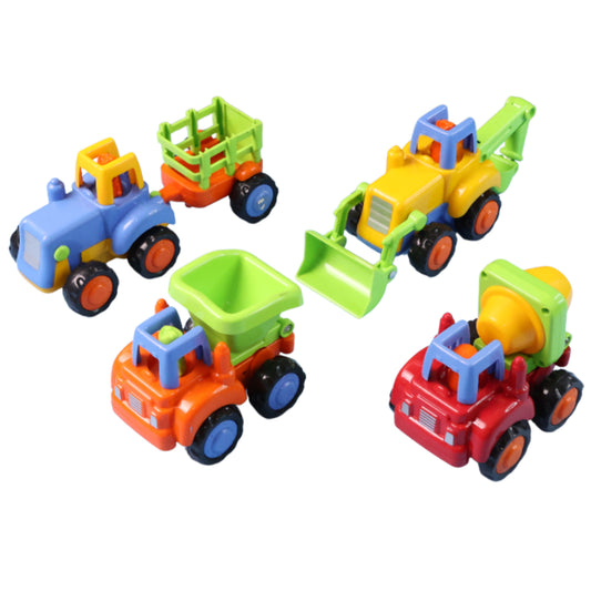 Wukusy Funwoods construction vehicle toy set for kids, includes four colorful toy trucks and construction equipment.