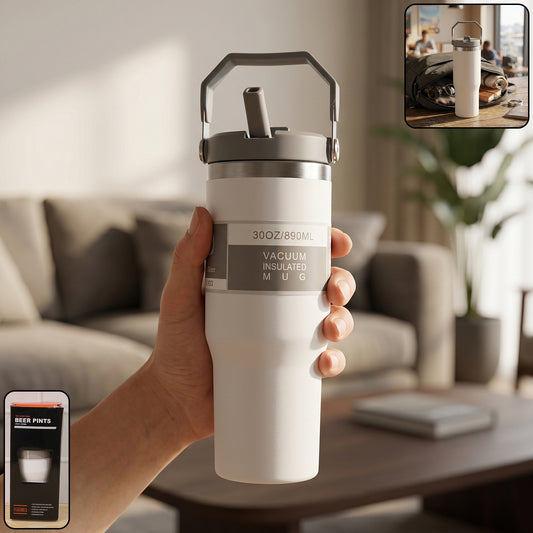 Wukusy premium stainless steel tumbler mug, 890 ml capacity, vacuum insulated, with a sleek design and spill-proof lid.