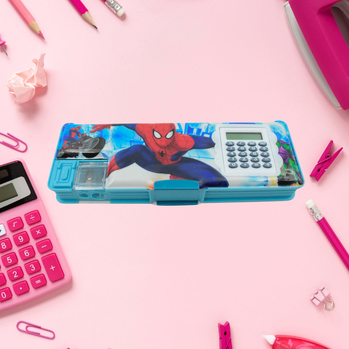 Wukusy 4260 Art stationery cartoon geometry box with inbuilt calculator, dual sharpeners, open sides, ideal for boys and girls.