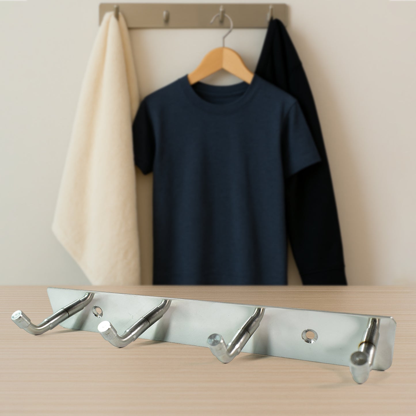 Wukusy stainless steel wall-mounted coat hook rack with four hooks, ideal for home and kitchen organization, measuring 20x3 inches.