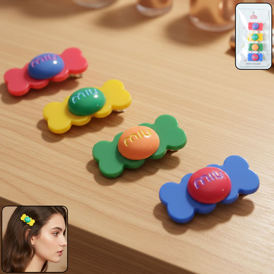 Colorful candy-shaped hair clips by Wukusy featuring bright, playful designs perfect for adding a fun touch to hairstyles.