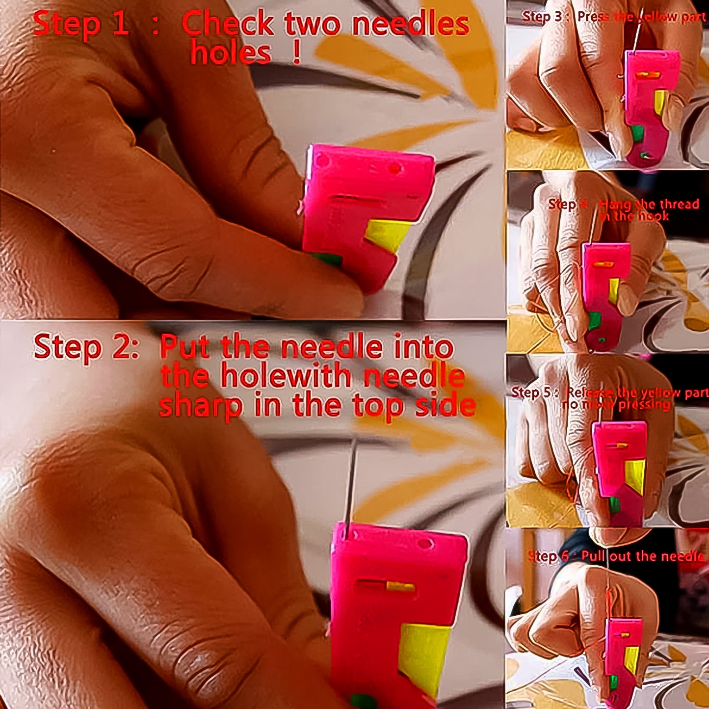Wukusy automatic needle threading device in multicolour for home sewing, showing the compact tool with colorful threading components.