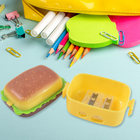 Wukusy plastic burger shape small double hole sharpener with eraser, office stationery tool, featuring colorful burger design and compact size.