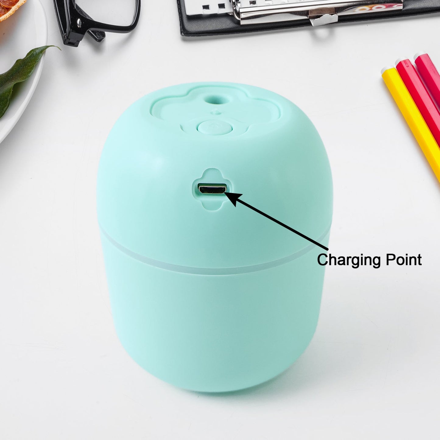 Wukusy portable mini USB humidifier with light, displaying a compact design, cool mist vapor, and essential oil diffuser features.