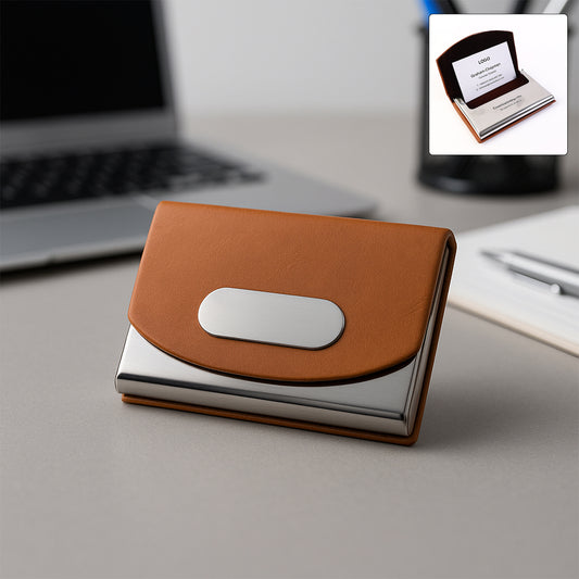 Wukusy leather and stainless steel business card holder with compact design, holding multiple business cards.