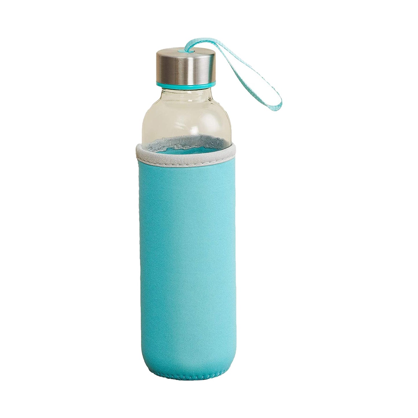 Wukusy 1199 glass water bottle with 500ml capacity and cover, clear glass design with a protective cover and leak-proof lid.