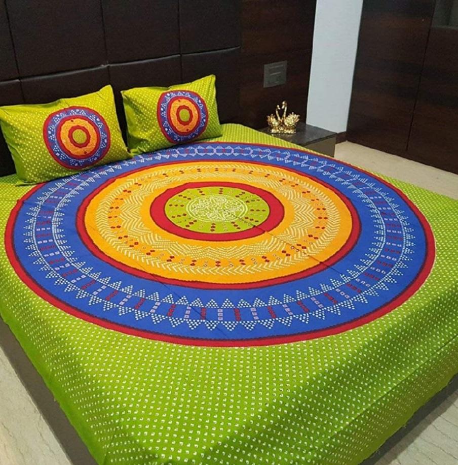 Jaipuri printed cotton double bedsheet with vibrant traditional patterns, featuring soft, breathable fabric for comfortable sleep.