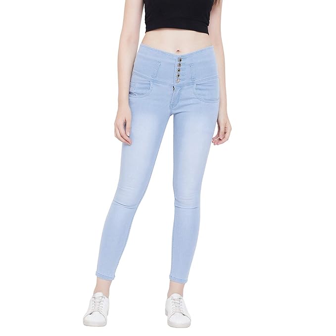 Sky blue women's slim fit jeans by FIZZI SHOP, showing a close-up of the denim fabric and fit style.