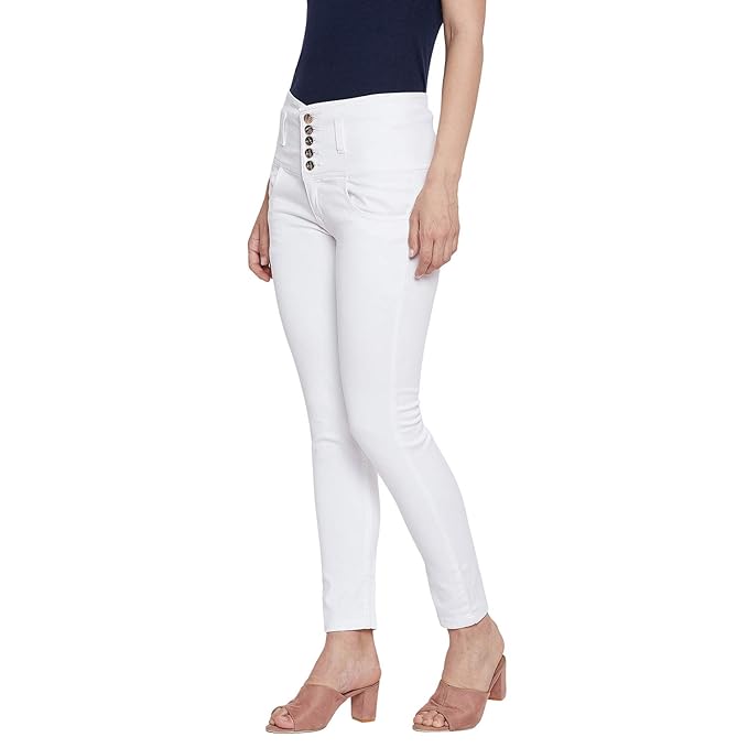 White women's slim fit jeans from FIZZI SHOP, featuring a sleek design and classic denim style.
