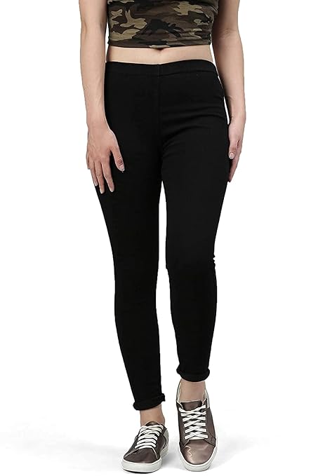 Black women's slim fit denim jeggings with stretchy Lycra fabric, designed for a comfortable, form-fitting look.