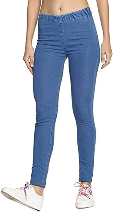 FIZZI SHOP women's blue slim fit stretchable denim jeggings, showcasing a close-up of the fitted, stylish design and fabric texture.