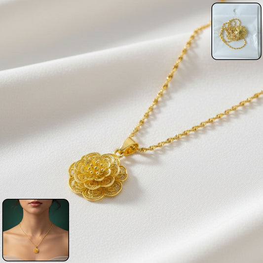 Gold plated pendant necklace with elegant floral design from Wukusy, showcasing intricate floral details on a chain.