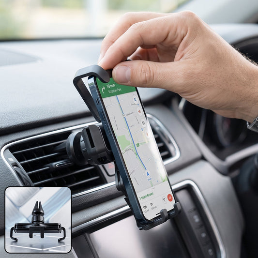 Wukusy plastic car mobile phone holder with 360-degree air vent mount, shown attached to car air vent for secure phone holding