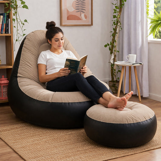 Wukusy inflatable air sofa chair set with one large 100x73x100 cm seat and a smaller 55x30 cm footrest, in vibrant colors.