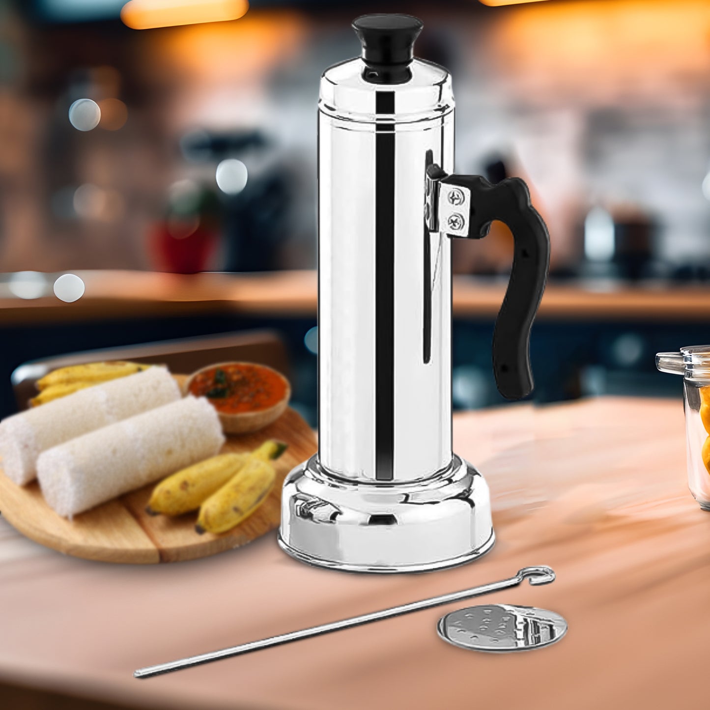 Wukusy 5311 Puttu Maker with steamer plate, stainless steel top, black plastic handle, silver lid, for pressure cooker use