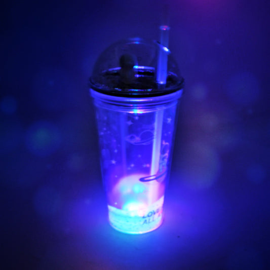 Wukusy 13oz astronaut-themed LED glow plastic tumbler with straw, double wall insulated, featuring space travel design for kids.
