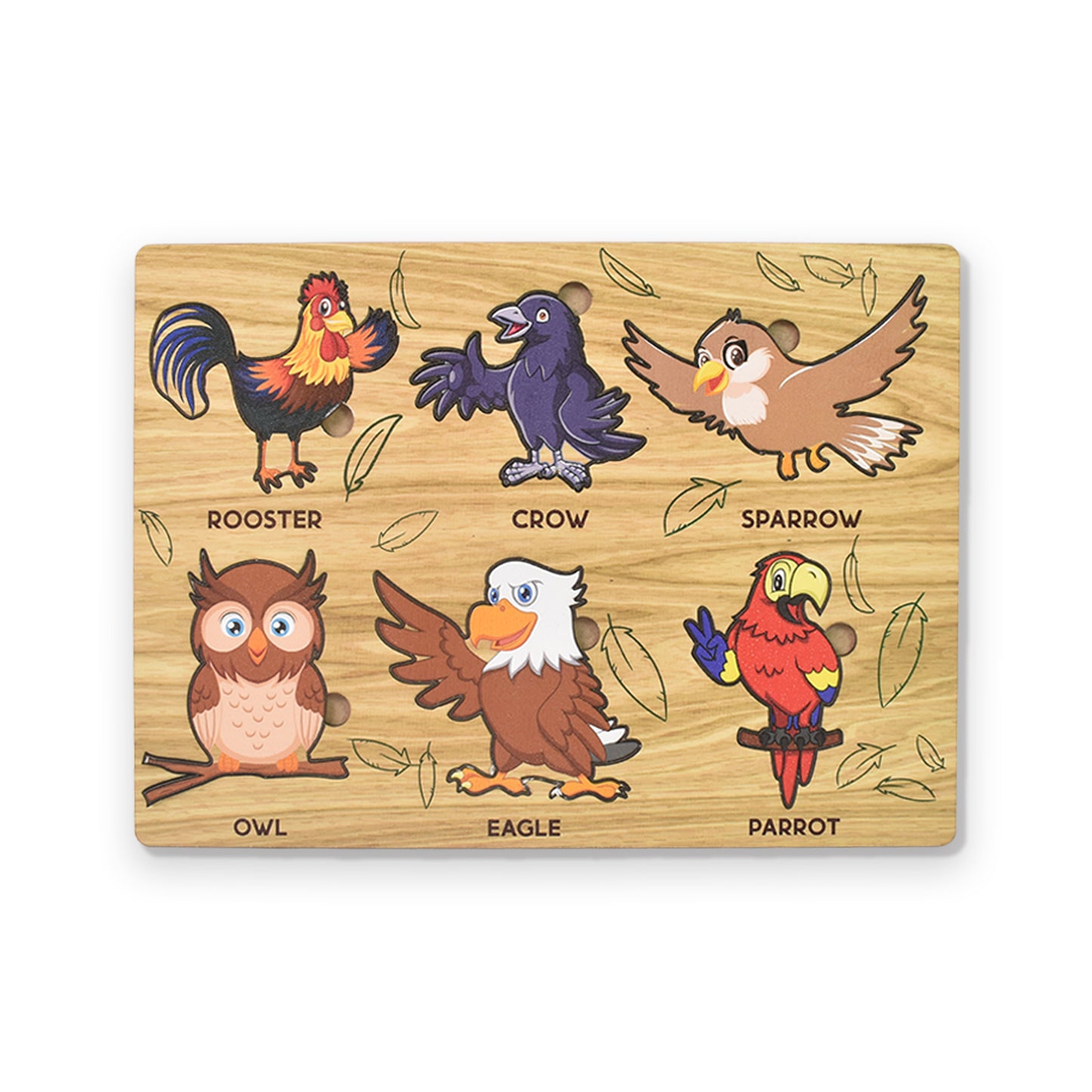 Wooden bird puzzle learning educational toy by Wukusy, featuring colorful bird pieces on a wooden board for kids.