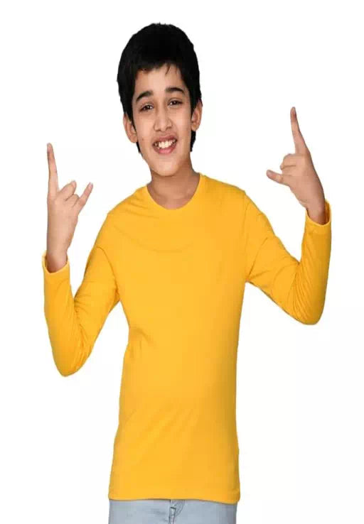 Yellow cotton full sleeve solid T-shirt by Seasons, showing the front view with a round neckline and long sleeves.