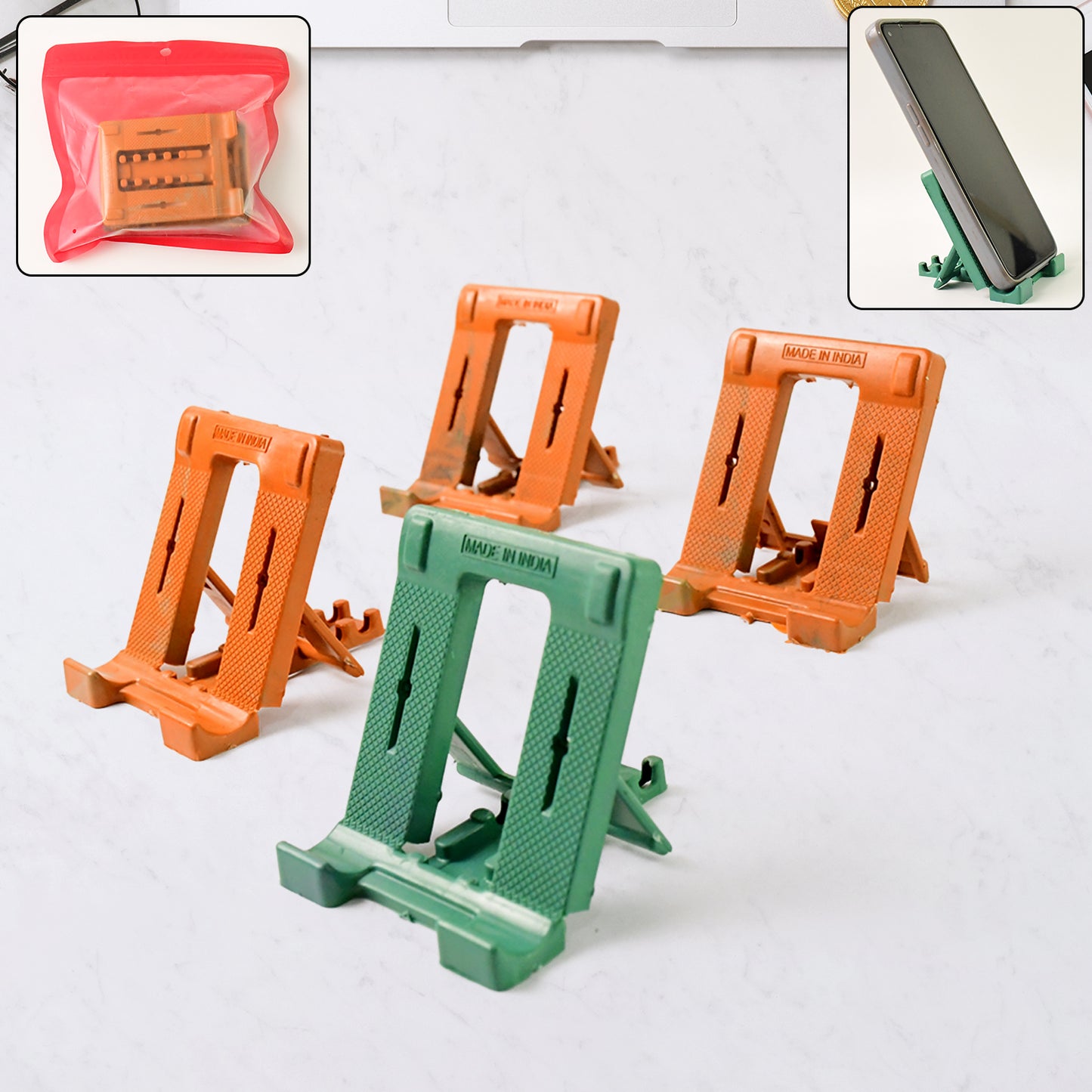 Wukusy adjustable 4-step foldable mobile stand holder for smartphones, showing its compact, portable design and multiple viewing angles.