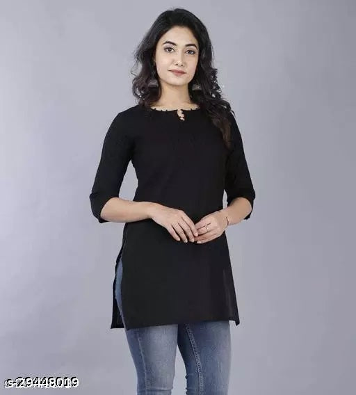 Black cotton women's 3/4 sleeve V-neck kurta with short length, featuring a comfortable fit and stylish design from FIZZI SHOP.