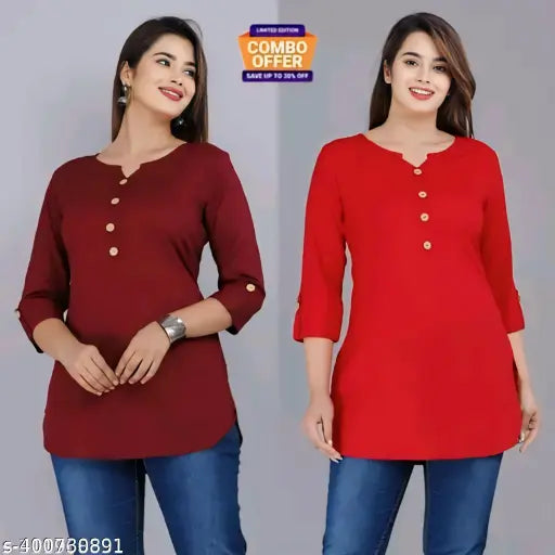 Pack of 2 stylish women's crepe printed straight top kurtis, lightweight and comfortable, from FIZZI SHOP.
