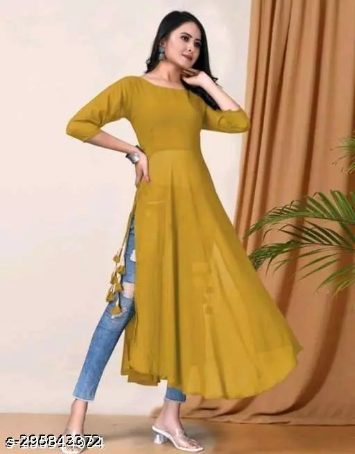 Yellow women’s georgette A-line kurti with elegant design, perfect for casual or festive wear by FIZZI SHOP.