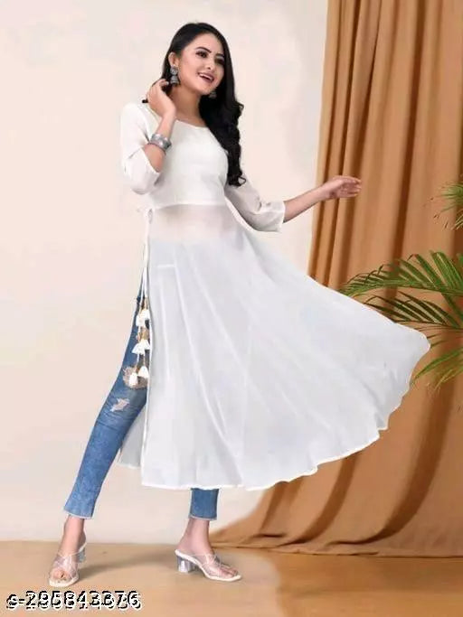 White women’s georgette A-line kurti with elegant design, stylish and comfortable for casual or festive occasions.