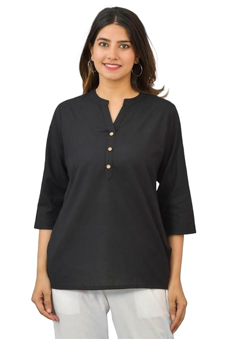 Black women's cotton short-length kurta from FIZZI SHOP, featuring a comfortable and stylish design with traditional embroidery.