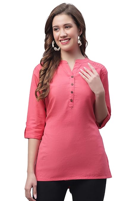 Peach women's cotton short kurti by FIZZI SHOP featuring a comfortable, stylish design with short sleeves and traditional detailing.