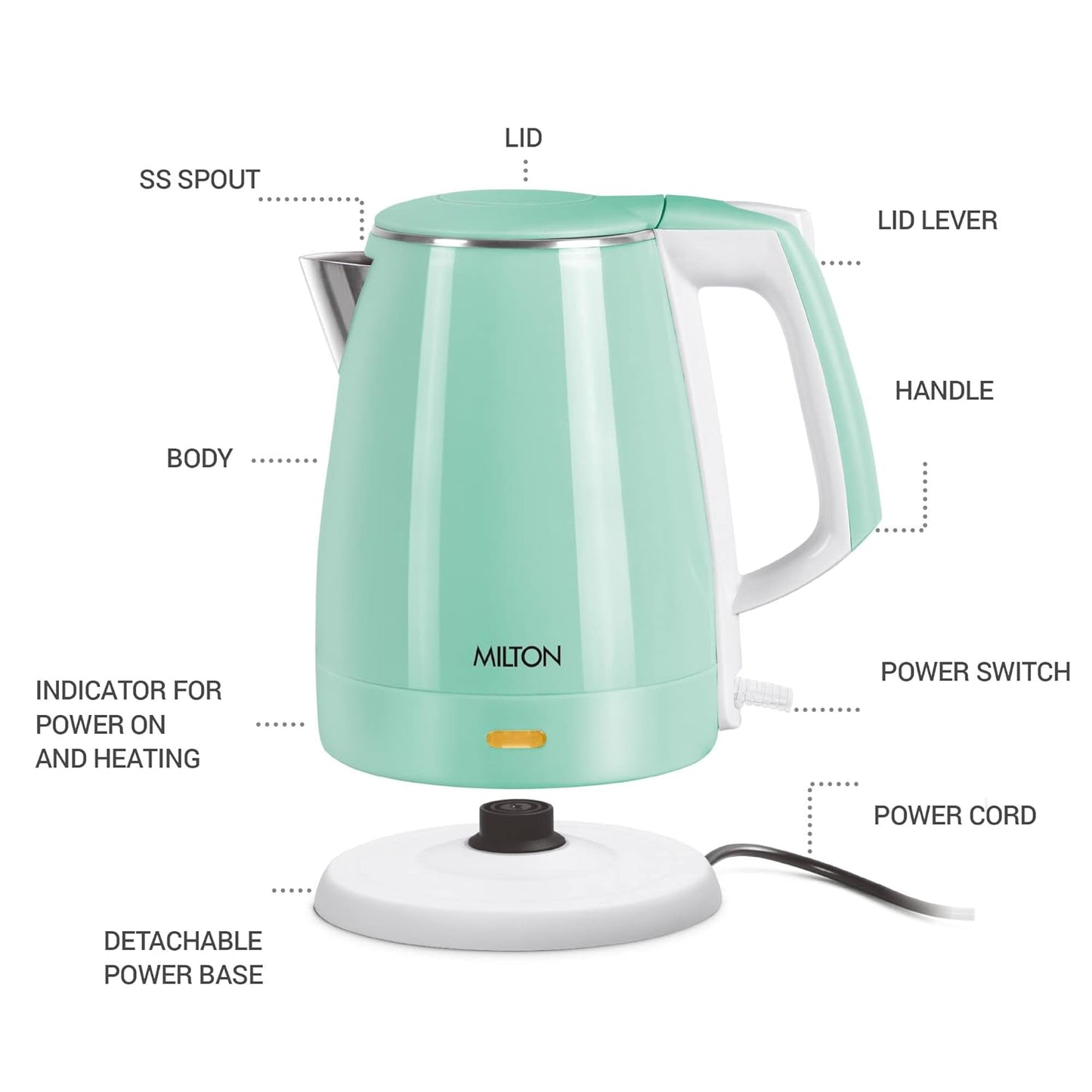 Aqua green Milton Riga stainless steel double-walled electric kettle with 1.5L capacity, designed by Seasons.