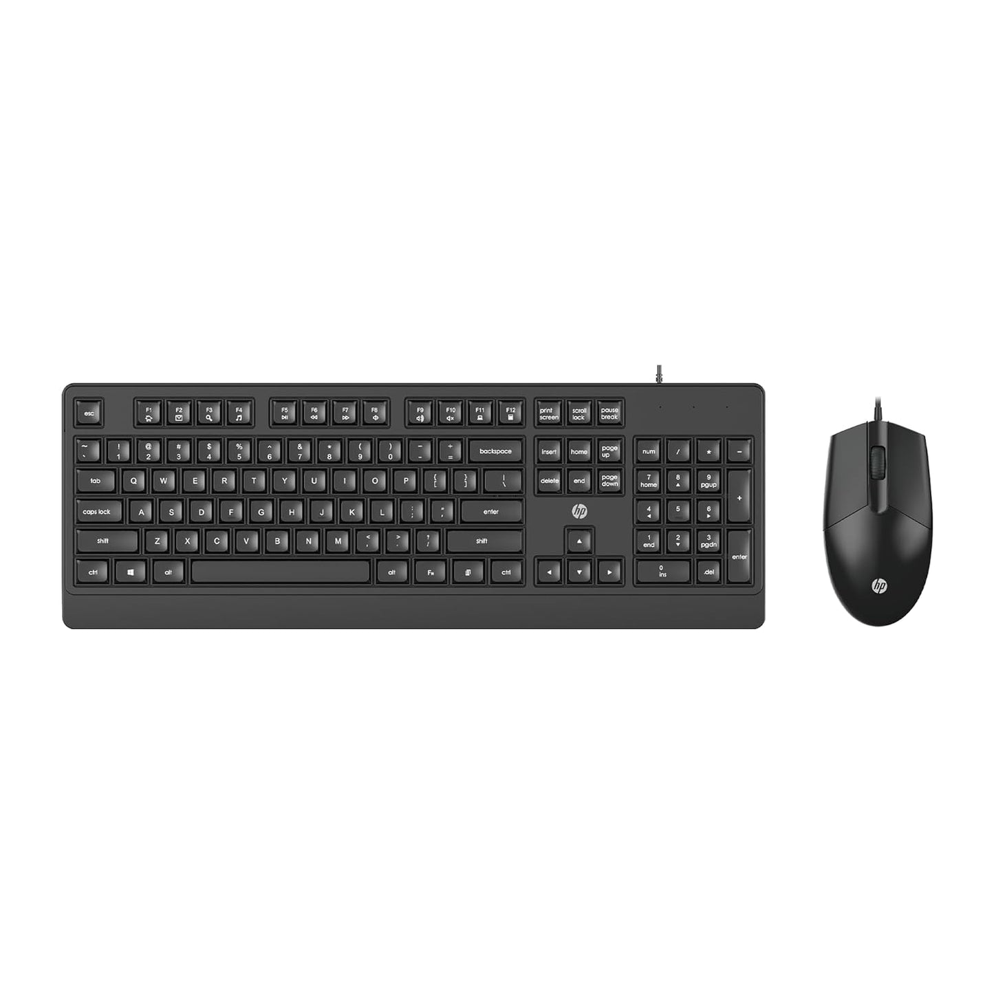 Black HP KM180 wired USB keyboard and mouse set with full-size keys, ergonomic design, and included mouse in a sleek black finish.