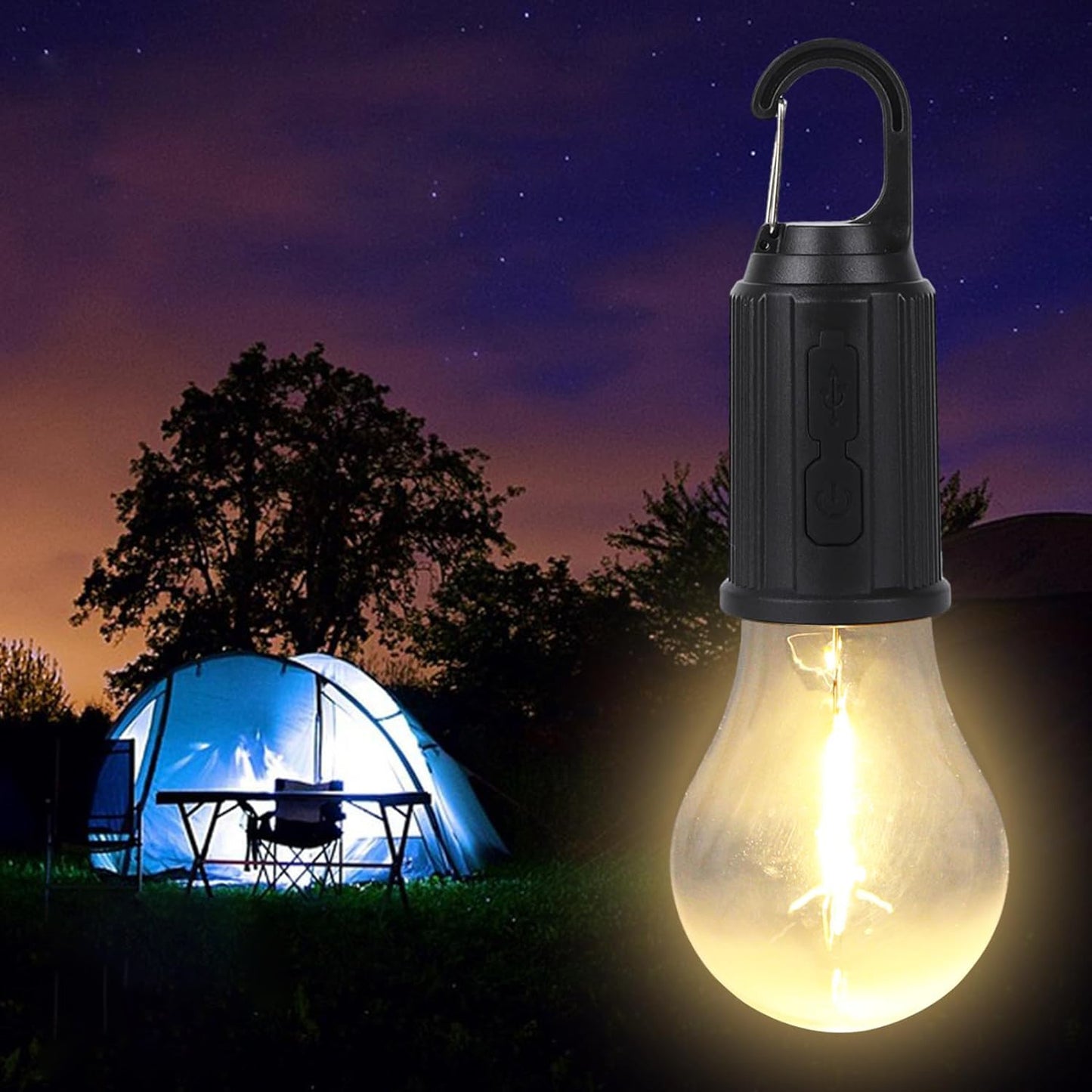 Wukusy rechargeable camping tent lantern with 3 lighting modes, clip hook, portable LED camping light for outdoor camping and hiking.