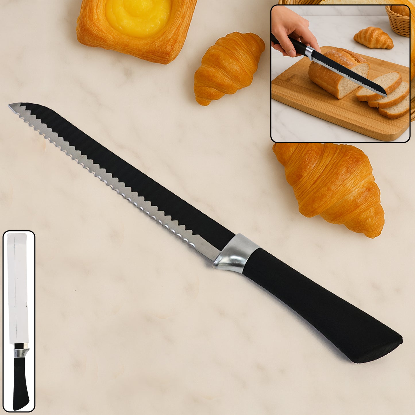 Wukusy 32cm serrated bread knife with ergonomic handle for precise slicing of bread and baked goods.