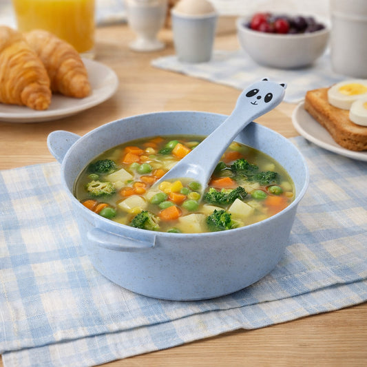 Wukusy wheat straw kids soup bowl with matching spoon, 240ml, lightweight and eco-friendly for children.