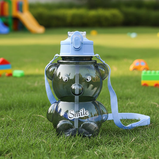 Kids Cartoon Bear Water Bottle With Straw Shoulder Strap (1 Pc)