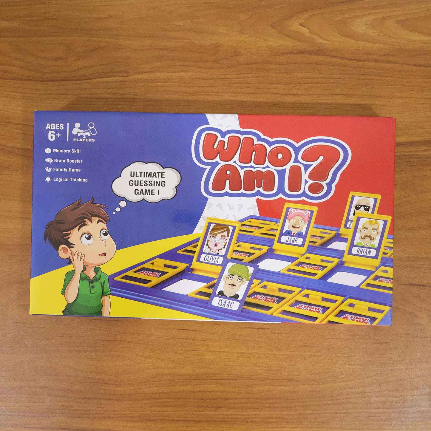 Wukusy Who Am I Guessing Board Game for Kids, featuring colorful game pieces and a guessing card on a playful table.