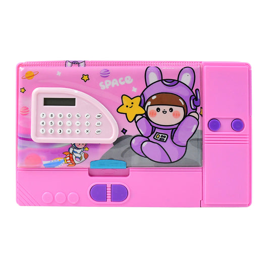 Wukusy space-themed multi-functional pencil box with built-in calculator, featuring space images and compartments for stationery.