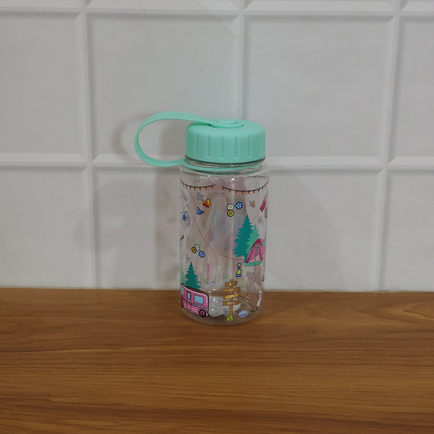 Kids printed water bottle by Wukusy, 400ml capacity, featuring colorful cartoon characters and a secure screw-top lid.