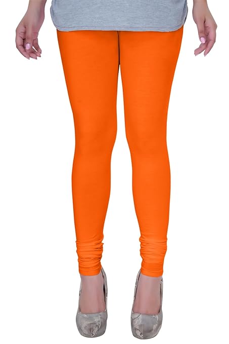 Orange plus size ultra soft cotton lycra churidar leggings by FIZZI SHOP, shown on a mannequin with a fitted style and smooth fabric texture.