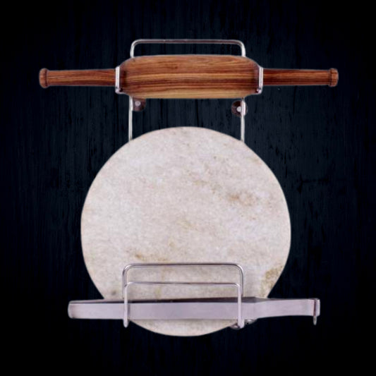 Wukusy stainless steel Chakla Belan Chimta stand with rolling pin, tong holder, and multi-purpose kitchen rack in silver.