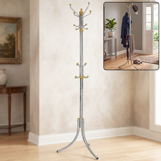 Wukusy metal floor-standing coat rack with multiple hooks for hanging clothes, jackets, and accessories.